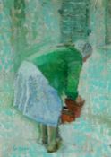 GORDON STUART acrylic on board - elderly lady tending to potted plants, signed, 35 x 25cms