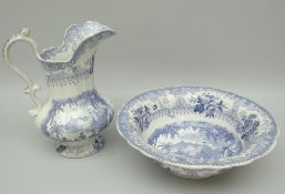 A SOUTH WALES POTTERY 'PANORAMA' TRANSFER JUG & BASIN decorated with figures in Grand Tour type