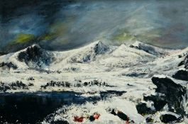 JOHN ROOSE EVANS mixed media on canvas - snowy Snowdonia mountain scene with lake, entitled verso '