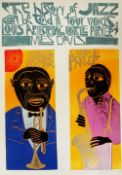 PAUL PETER PIECH limited edition (1/25) linocut - side-by-side caricatures of Louis Armstrong and