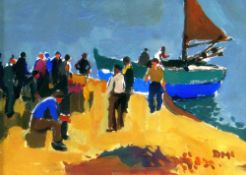 DONALD McINTYRE early oil / acrylic - beach scene with sailing boat and numerous figures (approx.
