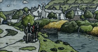 ALAN WILLIAMS acrylic on panel - figure walking with pony on tow-path, entitled 'Glamorgan Canal,
