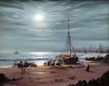 PETER COSSLETT oil on canvas - night time coastal scene with busy figures unloading a boat with city