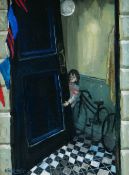 NICK HOLLY oil on canvas - figure in a hallway with bicycle, entitled verso 'Doorway Barcelona',