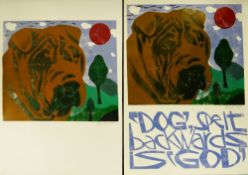 PAUL PETER PIECH linocut - image of dog and typography 'Dog, spelt backwards is 'God'', signed in