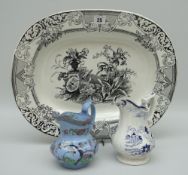 A LLANELLY POTTERY BLACK TRANSFER PLATTER 'EASTERN' PATTERN, 46cms together with a Llanelly '