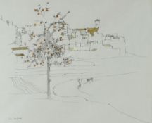 IOLA SPAFFORD pen and ink with watercolour - continental village with fruit tree, signed, mounted