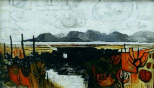 GWILYM PRICHARD oil on board - entitled 'Snowdon from Anglesey', 60 x 106cms