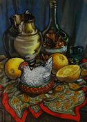 MOSS WILLIAMS watercolour - richly coloured still life study of fruit vessels and a pottery hen on