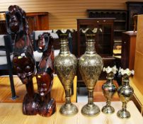 TWO LARGE CARVED NATIVE FIGURES & TWO PAIRS OF CONTINENTAL BRASS TALL VASES