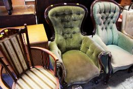 TWO BUTTON BACK SPOON SHAPED ARMCHAIRS & AN UPHOLSTERED SEATED ELBOW CHAIR