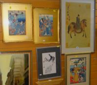 FIVE FAR EAST FRAMED PICTURES including a pair of Japanese prints, a Chinese warrior on horseback