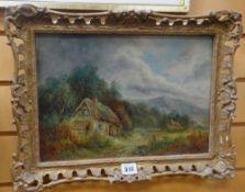 JOSEPH THORS oil on board - thatched cottage with figures, trees and mountains beyond, signed, 25