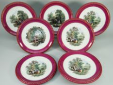 SIX ASHWORTHS POTTERY TRANSFER PLATES AND MATCHING CAKE STAND each with a scene of English village