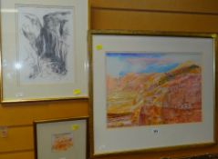 ANNA KIRK-SMITH PENCIL DRAWING - view of a gorge, signed with initials and dated 2001 31 x 22cms (
