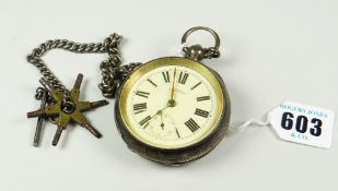 SILVER WALTHAM POCKET WATCH, having graduated silver flat link t-bar chain