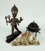 A BRONZE CHINESE PUMPKIN FORM CENSER on tripod supports and two bronze Oriental ornaments ETC