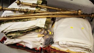 A QUANTITY OF CURTAINS AND PELMETS with rails; full details can be supplied