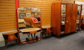 STYLISH MID CENTURY ITALIAN BEDROOM SUITE in polished veneer and comprising triple wardrobe with