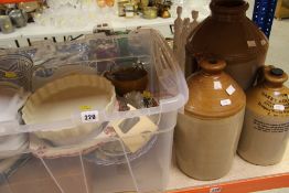 A PARCEL OF KITCHEN CHINA and three stoneware flagons