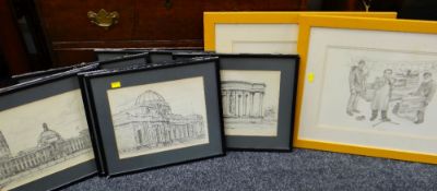 GRIFFIN a series of Cardiff topographical prints / drawings dated 1971 and a pair of British