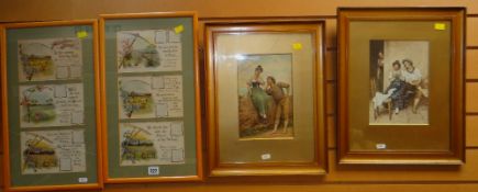 PAIR OF THREE SECTION CALENDARS with biblical quotations and two Continental-style family scene