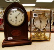 TWO MANTEL CLOCKS being a Kundo 400 Day Clock with rotary pendulum in brass effect and glass case