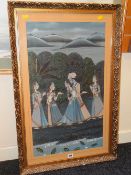 KASHMIR SCHOOL painting on fabric - Indian prince with four exotic dancing ladies under moonlight,