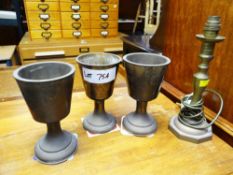 THREE HEAVY BRASS GOBLETS & BRASS LAMP