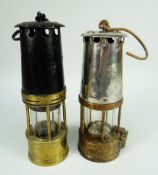 TWO ANTIQUE MINERS LAMPS one with painted black finish, the other with steel section