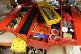 A METAL CONCERTINA TOOLBOX containing Meccano parts and two Meccano boxes containing same