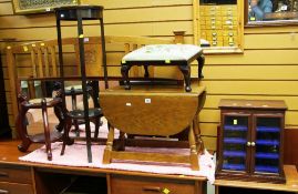 A PARCEL OF SMALL FURNITURE INCLUDING drop-leaf table, pedestal stand, reproduction smokers