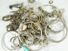 SMALL TUB OF ASSORTED AND SILVER PLATED ITEMS to include bangles, pendant drops, rings, marcasite