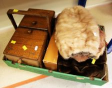 A BOX OF FUR MITTENS, a concertina sewing box and contents ETC