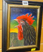 ESDAILE HUDSON acrylic and bronze on panel - study of a crowing cockerel in a landscape at dawn