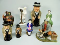 PARCEL OF ROYAL DOULTON CHARACTERS including a graduated trio of Winston Churchill jugs, a matt-