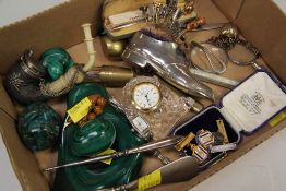 COLLECTABLES, A SMALL PARCEL to include malachite egg and stands, miniature miner's brass safety