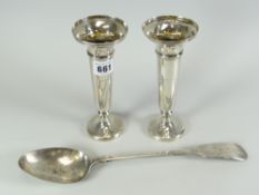 PAIR OF SILVER VASES (LOADED) together with an EP basting spoon (3)