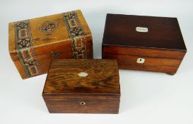 A MOTHER OF PEARL INLAID ROSEWOOD SEWING BOX inscribed 'S Phillips' together with a marquetry box