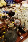 A QUANTITY OF MIXED ORNAMENTS including modern Cloisonne, ornamental shoes, Parian jugs ETC