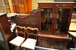 AN ANTIQUE INLAID BOOKCASE CUPBOARD OF SMALL PROPORTIONS together with two antique balloon back