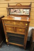 A GOOD EDWARDIAN ROSEWOOD MUSIC CABINET with mirror-back and with single semi-glazed door and
