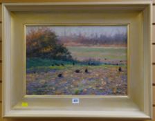 SENAN O'BRIEN oil on canvas - entitled verso 'Crows in a Turnip Field', signed, 33 x 49cms