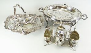 PARCEL OF EPNS to include pierced swing handled pedestal basket, bacon warmer, twin handled raised