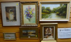 GROUP OF FIVE FRAMED PICTURES including three original oil paintings, one signed Mary C Taylor of