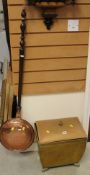 AN ANTIQUE TWIN HANDLED BRASS BASIN SHAPED COAL BOX TOGETHER WITH an antique copper bed-warming