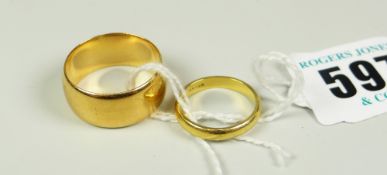 TWO 18 CARAT YELLOW GOLD WEDDING BAND RINGS, one stamped 750, 14.2 grams approximately