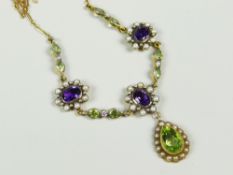 15 CARAT GOLD EDWARDIAN PERIDOT, AMETHYST, PEARL AND DIAMOND NECKLACE with suffragette design in