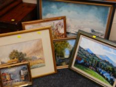 A PARCEL OF FRAMED OIL PAINTINGS and a watercolour of a harvest scene ETC (local artists)