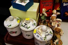 A SET OF FOUR ROYAL WORCESTER PUTTI FIGURES, two cased Royal Doulton ornaments ETC